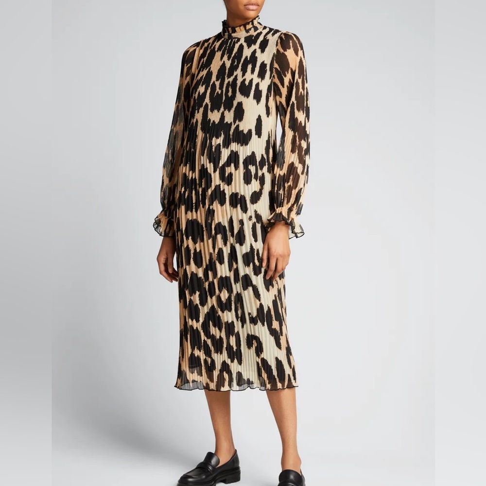 GANNI Leopard-Print Pleated Georgette Midi Dress